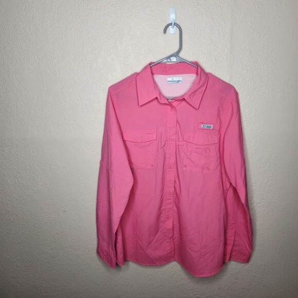 Columbia PFG Button Up Vented Shirt Women Large Pink Cotton Long Sleeve Pockets - Picture 1 of 9